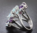 Замечательное серебряное кольцо с голубыми топазами и аметистами Серебро 925