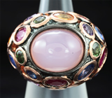 Серебряное кольцо с розовым кварцем и самоцветами Серебро 925