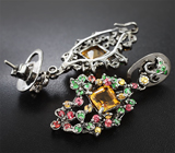 Серебряные серьги с цитринами, цаворитами, желтыми, красными и оранжевыми сапфирами Серебро 925