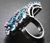 Серебряное кольцо с голубыми топазами, танзанитами и розовыми сапфирами Серебро 925