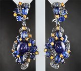 Серебряные серьги с синими и золотистыми сапфирами Серебро 925