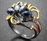 Серебряное кольцо со звездчатыми и оранжевыми сапфирами Серебро 925