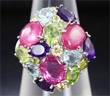 Праздничное серебряное кольцо с кабошонами рубинов и самоцветами Серебро 925