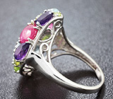Праздничное серебряное кольцо с кабошонами рубинов и самоцветами Серебро 925