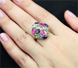 Праздничное серебряное кольцо с кабошонами рубинов и самоцветами Серебро 925