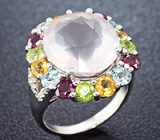 Превосходное cеребряное кольцо с розовым кварцем и самоцветами Серебро 925