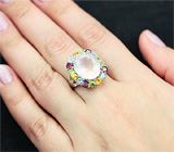 Превосходное cеребряное кольцо с розовым кварцем и самоцветами Серебро 925