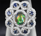 Серебряное кольцо с эфиопским опалом и синими сапфирами Серебро 925