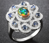 Серебряное кольцо с эфиопским опалом и синими сапфирами Серебро 925