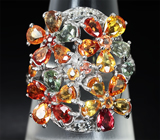 Великолепное серебряное кольцо с разноцветными сапфирами и бесцветными топазами Серебро 925