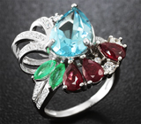 Изысканное серебряное кольцо с голубым топазом, рубинами и изумрудами Серебро 925