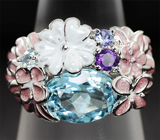 Чудесное серебряное кольцо с голубым топазом, аметистом, танзанитами и цветной эмалью Серебро 925
