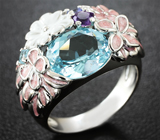 Чудесное серебряное кольцо с голубым топазом, аметистом, танзанитами и цветной эмалью Серебро 925