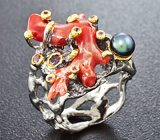 Серебряное кольцо с solid кораллами, цветным жемчугом и родолитами Серебро 925