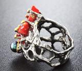 Серебряное кольцо с solid кораллами, цветным жемчугом и родолитами Серебро 925