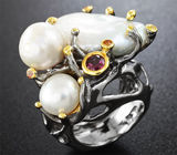 Серебряное кольцо с пузырчатым жемчугом, жемчужиной, родолитами гранатами и сапфирами Серебро 925