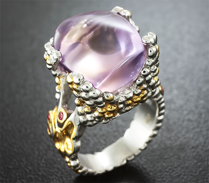 Серебряное кольцо с крупным кабошоном аметрина и рубинами Серебро 925