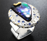Серебряное кольцо с аммолитом аммонита и синими сапфирами Серебро 925
