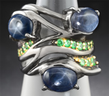 Серебряное кольцо со звездчатыми сапфирами и цаворитами гранатами Серебро 925