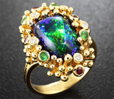Авторское золотое кольцо с топовым черным опалом, цаворитами , рубинами, сапфирами и бриллиантами Золото