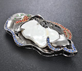 Серебряная брошь/кулон с пузырчатым жемчугом, цаворитами и сапфирами Серебро 925