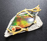 Серебряный кулон с аммолитом аммонита и оранжевыми сапфирами на шнуре Серебро 925