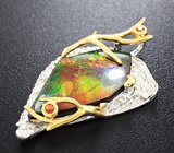 Серебряный кулон с аммолитом аммонита и оранжевыми сапфирами на шнуре Серебро 925