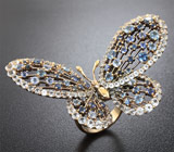 Серебряное кольцо «Бабочка» c синими и бесцветными сапфирами Серебро 925