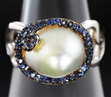 Серебряное кольцо c жемчужиной и синими сапфирами Серебро 925