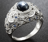 Серебряное кольцо со звездчатым и синими сапфирами Серебро 925