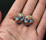 Роскошные серебряные серьги со звездчатыми и разноцветными сапфирами Серебро 925
