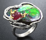 Серебряное кольцо с аммолитом аммонита и рубином Серебро 925