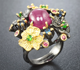 Серебряное кольцо с рубином, цаворитами и сапфирами Серебро 925