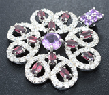 Эффектный серебряный кулон с аметистами и родолитами Серебро 925