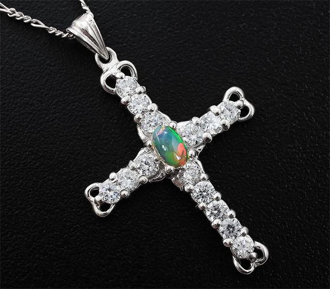 Серебряный кулон-крест с эфиопским опалом + цепочка