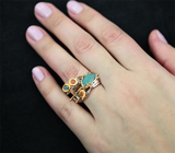 Серебряное кольцо с австралийским дублет опалом, оранжевыми сапфирами, голубым топазом Серебро 925