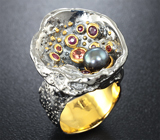 Серебряное кольцо с цветной жемчужиной, рубинами и оранжевыми сапфирами Серебро 925