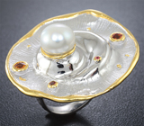 Серебряное кольцо с жемчужиной и оранжевыми сапфирами Серебро 925