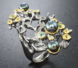 Серебряное кольцо с цветным жемчугом, перидотами, голубыми топазами и цитринами Серебро 925