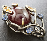 Серебряный кулон с рубином, золотистыми и синими сапфирами на шнуре Серебро 925