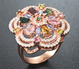 Великолепное cеребряное кольцо с разноцветными турмалинами и танзанитами Серебро 925