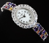 Часы с бесцветными топазами на серебряном браслете с аметистами и сапфирами Серебро 925