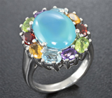 Праздничное серебряное кольцо с голубым халцелоном и самоцветами Серебро 925