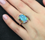 Праздничное серебряное кольцо с голубым халцелоном и самоцветами Серебро 925