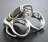 Серебряное кольцо на два пальца с аммолитом аммонита и синими сапфирами Серебро 925