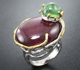 Серебряное кольцо с крупным рубином и рутиловым пренитом Серебро 925