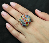 Крупное серебряное кольцо с разноцветными сапфирами Серебро 925