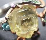 Серебряное кольцо c резным цитрином, цаворитами, топазом и сапфирами Серебро 925