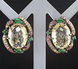 Серебряные серьги с цитринами, цаворитами и разноцветными сапфирами Серебро 925