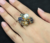 Серебряное кольцо с жемчужиной, разноцветными сапфирами и лунным камнем Серебро 925